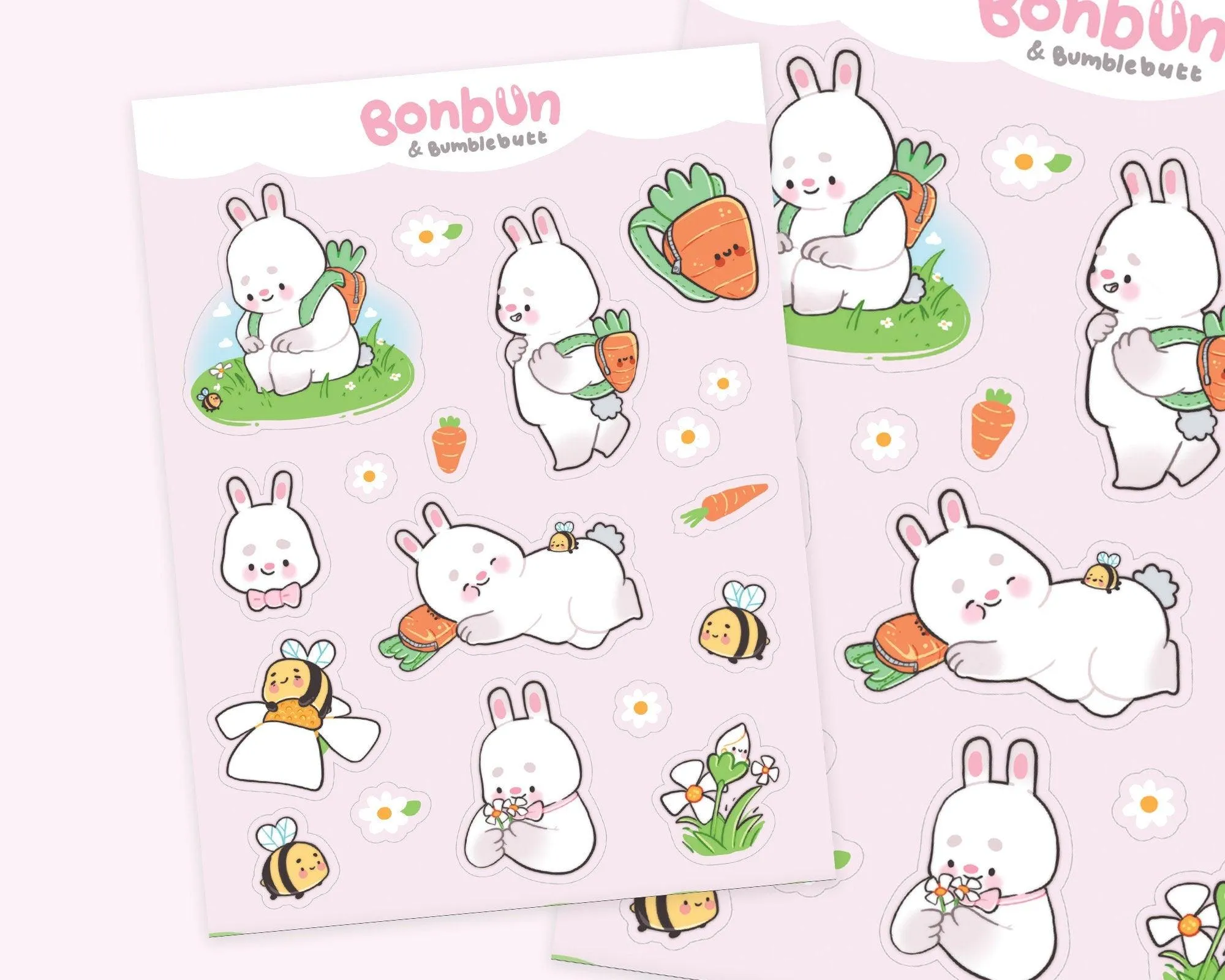 Bonbun & Bumblebutt A5 Sticker Sheet | Bunny Spring Kawaii Stickers | Cute Pastel Decor for Planners & Journals