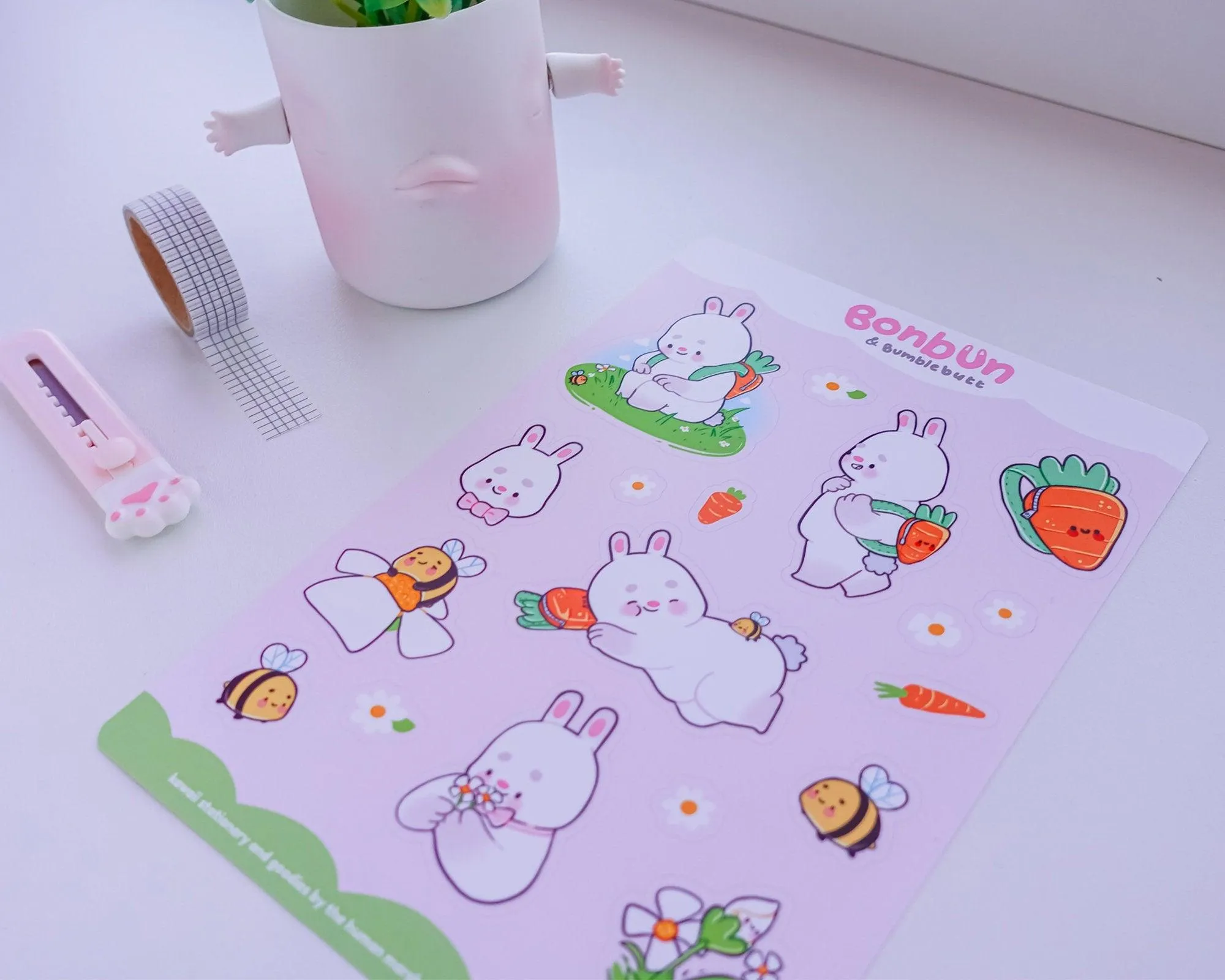 Bonbun & Bumblebutt A5 Sticker Sheet | Bunny Spring Kawaii Stickers | Cute Pastel Decor for Planners & Journals