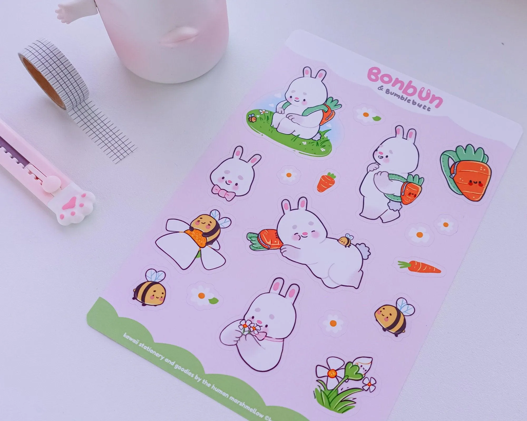 Bonbun & Bumblebutt A5 Sticker Sheet | Bunny Spring Kawaii Stickers | Cute Pastel Decor for Planners & Journals