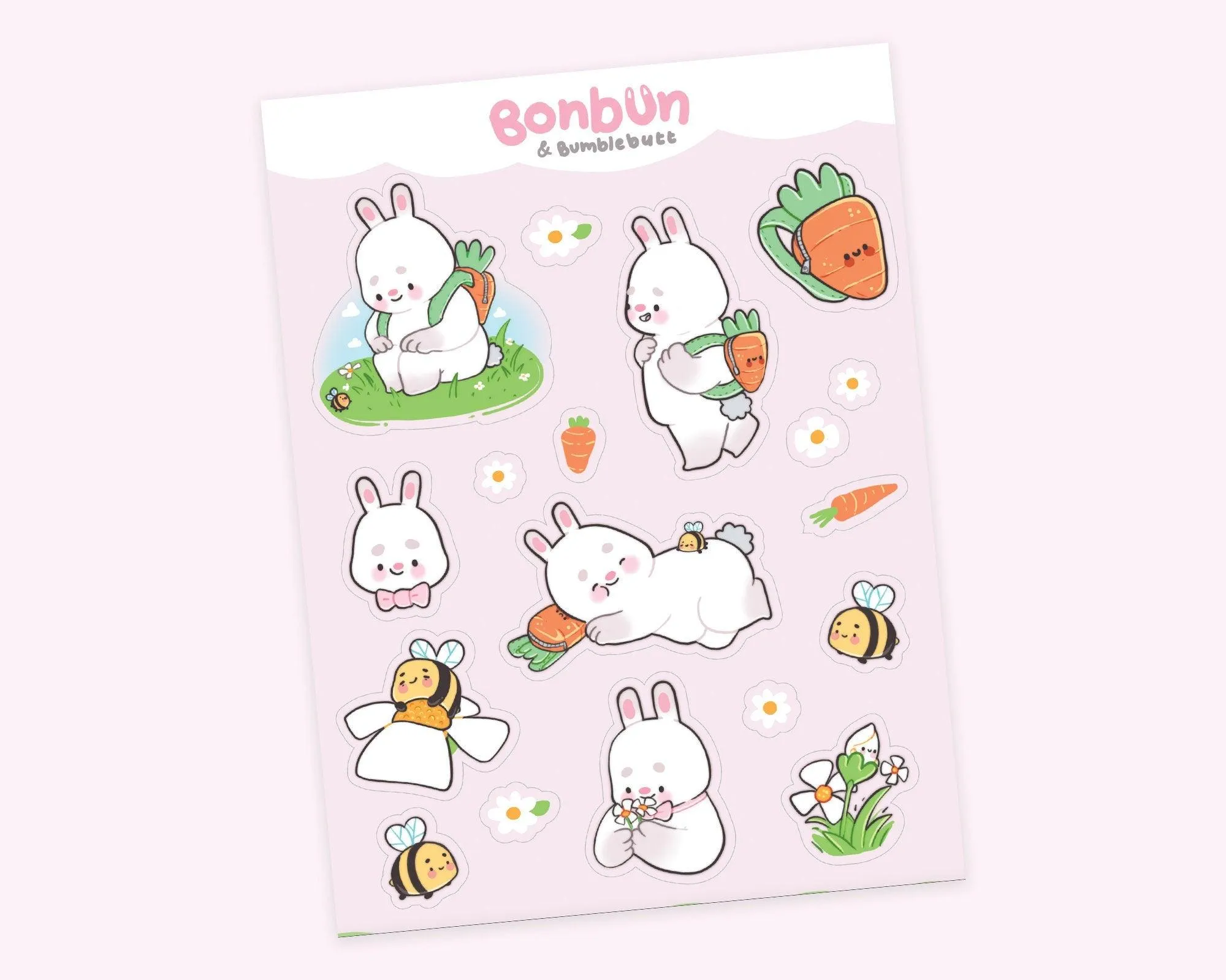 Bonbun & Bumblebutt A5 Sticker Sheet | Bunny Spring Kawaii Stickers | Cute Pastel Decor for Planners & Journals