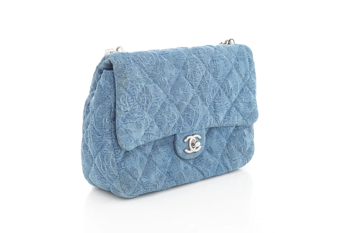 Chanel Denim Quilted Medium Camellia Sweetheart Flap Handbag