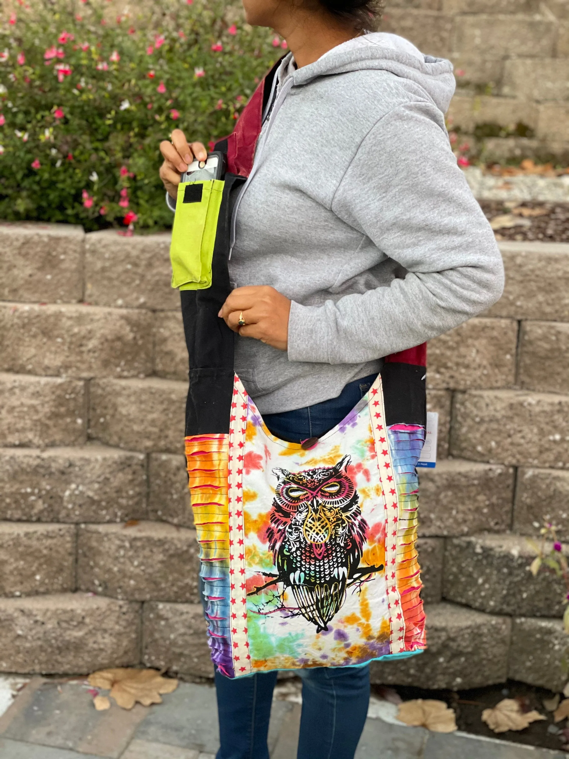 Colorful Owl Patchwork Boho Vegan s Body Bag