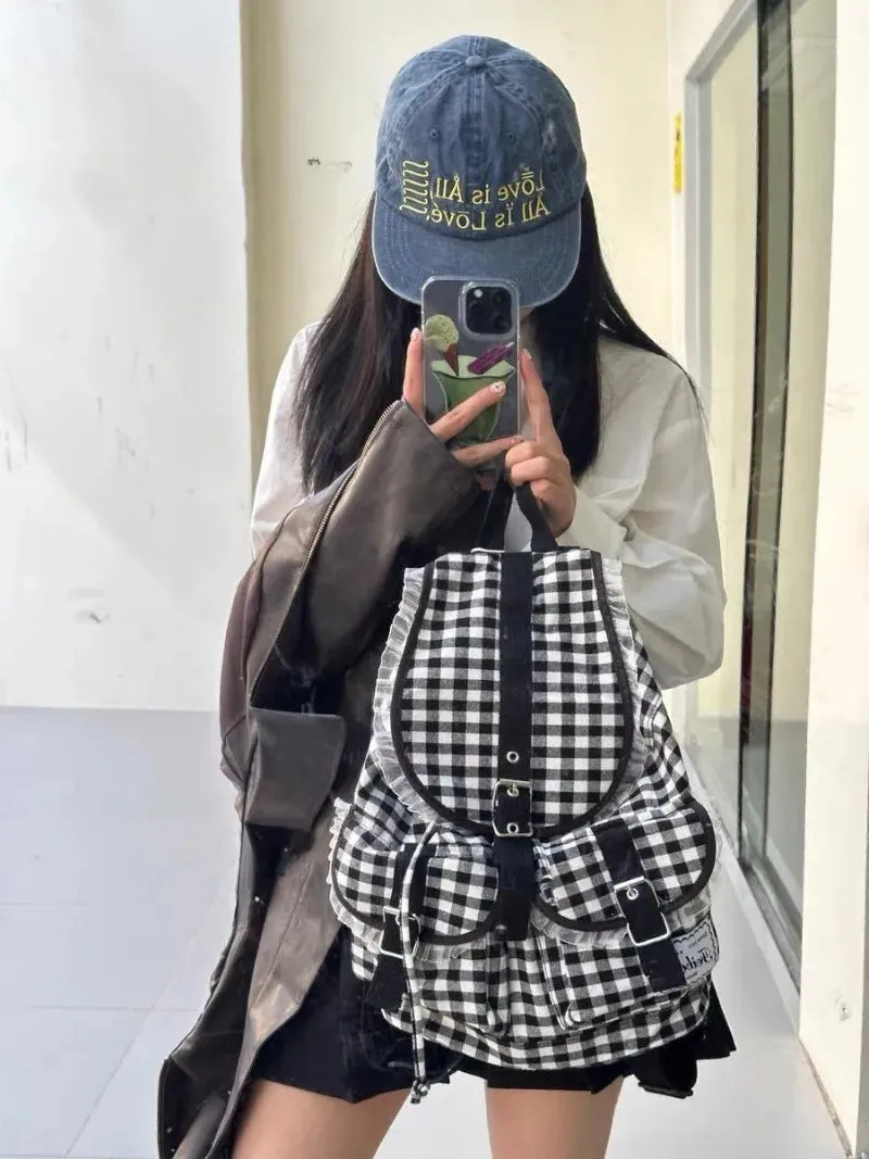 UAKISS  -  Checkered Print Backpacks for Ladies Fashion Lace High Capacity Lightweight Womens Backpack Korean Style Casual Female Bag