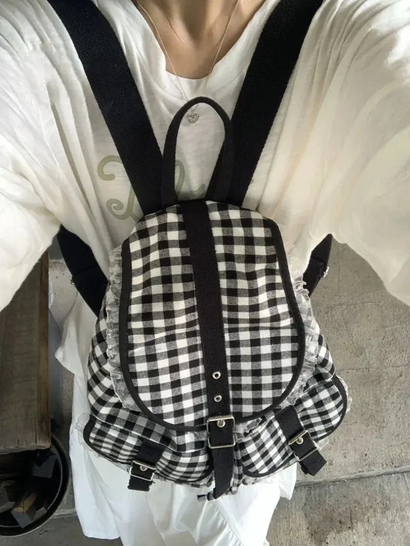 UAKISS  -  Checkered Print Backpacks for Ladies Fashion Lace High Capacity Lightweight Womens Backpack Korean Style Casual Female Bag