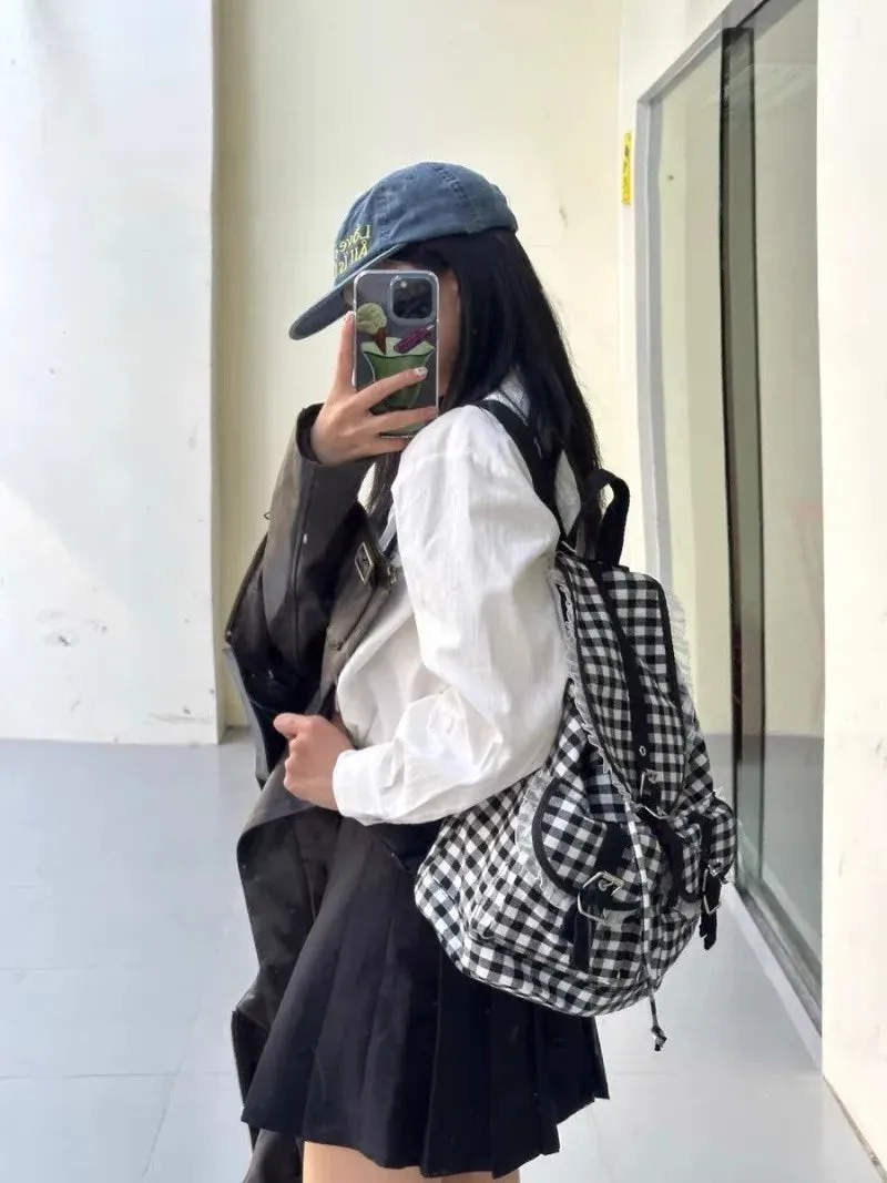 UAKISS  -  Checkered Print Backpacks for Ladies Fashion Lace High Capacity Lightweight Womens Backpack Korean Style Casual Female Bag